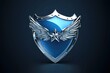 © Yevhen - Sleek Chrome Emblem. Glossy Blue Shield with Winged Star Symbol for Security and Protection