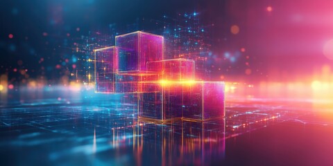 Poster - Abstract Digital Cubes Glowing Neon Lights Futuristic Technology Network Data Blocks Concept