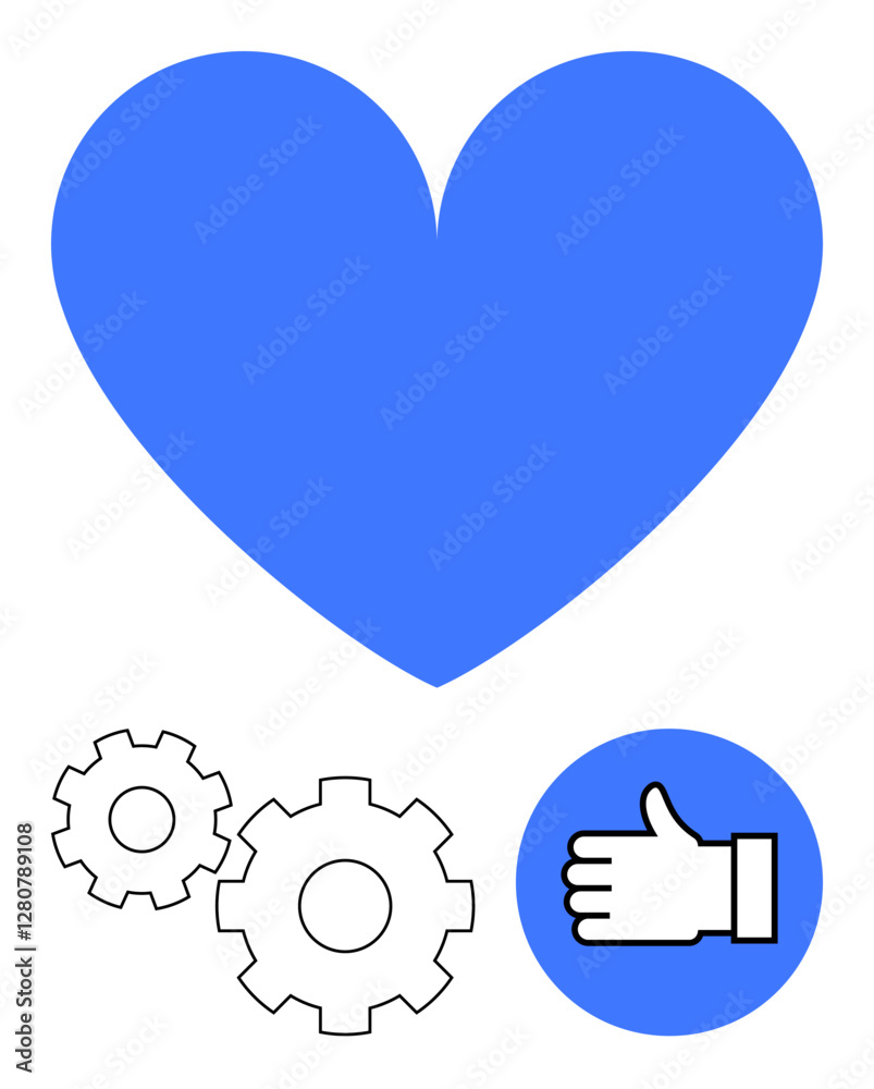 Blue heart with gears and thumbs-up hand icon. Ideal for teamwork ...