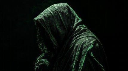 Poster - A dark silhouette of a hooded figure stands in the dim light, softly illuminated by an eerie glow. This artistic representation captures an aura of mystery and intrigue in the dark