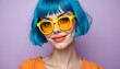 © Amour-it - Fashionable Woman with Teal Blue Bob Hair and Yellow Sunglasses – Bold Makeup with Purple Eyeshadow, Orange Lipstick, and Vibrant Orange Top Against a Pastel Purple Background