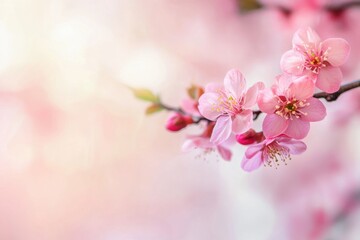 Poster - Cherry blossoms in bloom during springtime, showcasing delicate pink flowers on a branch against a soft background. Generative AI