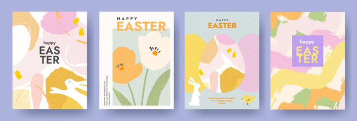 Wall Mural - happy easter set of greeting cards, posters, holiday covers. trendy design with typography, spring h
