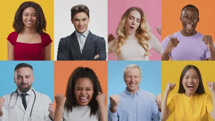 Poster - A diverse collection of adults and children celebrating victory with cheerful expressions and gestures. Each person conveys emotions of happiness and triumph in colorful backgrounds.