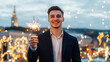 © Sergey - Cheerful young man in navy blazer holding sparkler outdoors during festive evening