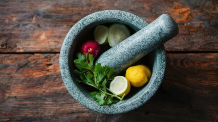 Sticker - Fresh vegetables and herbs arranged in a textured stone mortar with a pestle on a rustic wooden surface, featuring green parsley, red radish, yellow lemon, and lime.