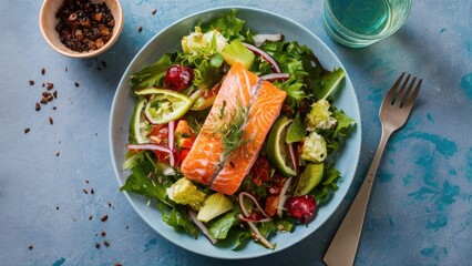 Canvas Print - Fresh salmon salad featuring vibrant greens, cherry tomatoes, red onions, lime, and herbs elegantly arranged in a light blue bowl on a textured background.