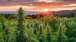 © StockKing - Vibrant green sunn hemp plants in a lush field illuminated by a golden sunset with rolling hills in the background and dramatic cloudy sky.