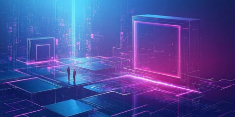 Poster - Digital Realm: Two Figures Contemplating a Futuristic Neon Gateway in a Cyberspace Landscape