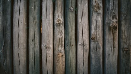 Wall Mural - Textured surface of aged wooden fence posts showcasing vertical alignment with varying shades of brown and gray tones displayed against a neutral backdrop.