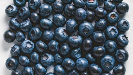 Wall Mural - Fresh ripe blueberries scattered on a light textured background showcasing deep blue hues and varying sizes for a natural organic feel