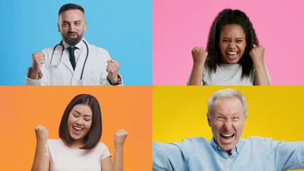 Poster - Diverse adults and children express happiness and excitement through joyful gestures and uplifting emotions. Each individual showcases a unique moment of celebration in colorful backgrounds.