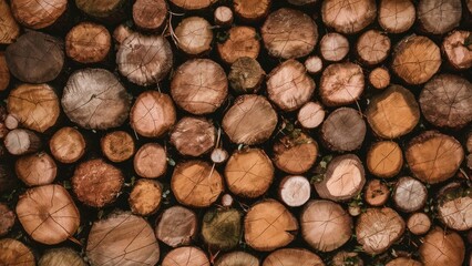 Wall Mural - Warm-toned cross-sectioned tree logs arranged in a flat layout with varying shades of brown, including circular patterns and natural textures.