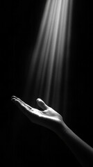 Poster - Soft light cascades from above, highlighting the contours of an open palm against a deep black background