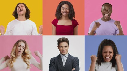 Poster - A group of diverse adults and children display joy and excitement through gestures of victory. Their heartfelt expressions convey a sense of achievement, happiness, and togetherness.