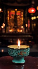 Poster - A solitary candle flickers brightly, casting dancing shadows in a serene setting. The soft light reveals intricate patterns, creating an atmosphere of calm and reflection within a dimly lit room