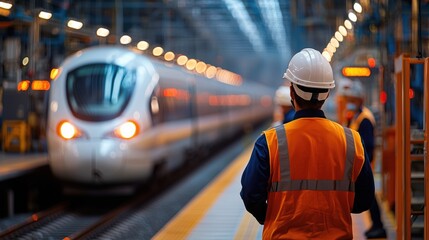 Poster - High-Speed Train Approaching Platform with Worker Observing in Industrial Railway Station Environment