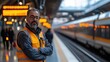 © Old Man Stocker - High-Speed Train Station with Worker in Safety Vest, Modern Platform, Digital Signage Displaying Train Schedules, Busy Commuter Scene