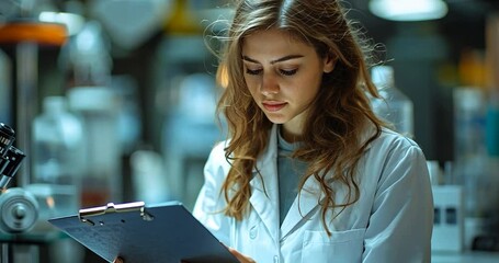 Aufkleber - Woman holding clipboard with light brown hair in white lab coat, examining the laboratory environment