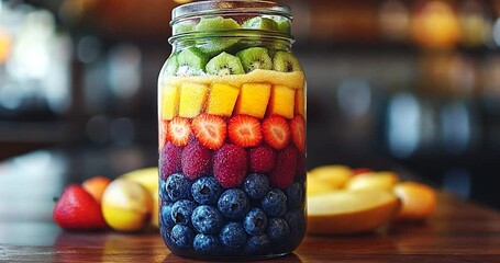 Poster - Jar Filled with Layered Fruits with a Blurred Background close up of a healthy food