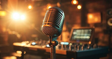 Poster - Close Up Of Vintage Microphone And Sound Equipment In Golden Light And Warm Lighting Stage Background With Stage Lighting