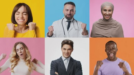 Poster - Cheerful individuals of various backgrounds express their emotions in a lively atmosphere. Each person shows gestures of celebration, embodying happiness and a sense of achievement.