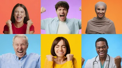 Poster - A vibrant collection of diverse adults and kids expressing joy with gestures of celebration. Each person displays a unique emotion, creating a lively atmosphere of success and happiness.