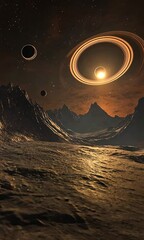 Wall Mural - Cosmic landscape with rings and planets in a distant galaxy