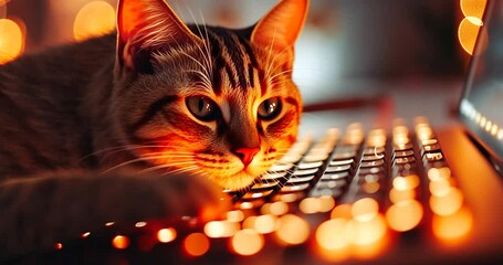 Leinwandbilder - Brown Tabby Cat Using Laptop in Warm Ambient Lighting Background