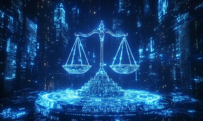 scales of justice in a futuristic cyber world, symbolizing law, order, and legal technology in a dig