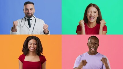 Poster - In a vibrant collage, adults and kids express their joy and triumph through gestures. Each person demonstrates feelings of excitement and cheer against colorful backgrounds, showcasing diversity.