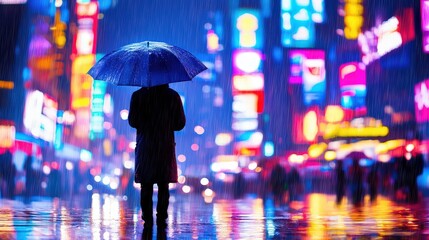 Poster - A solitary figure stands with an umbrella in the rain, illuminated by vibrant neon lights in a bustling cityscape. solo travel adventure experience self-discovery  experience.