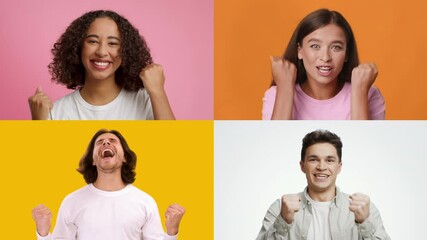 Poster - This composition features a diverse group of adults and children expressing joy and excitement. Their cheerful gestures celebrate achievement, showcasing a moment of happiness and success.