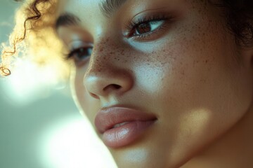 luminous closeup of diverse womans face with dewy radiant skin soft focus ethereal backlight minimal studio setting peaceful expression