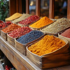 Wall Mural - Vibrant assortment of colorful spices in wooden bins at outdoor market