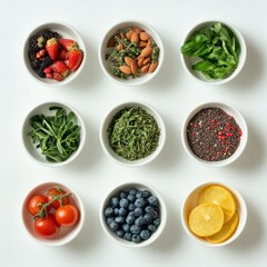 Wall Mural - Variety of fresh ingredients in bowls: berries, nuts, greens, spices, citrus