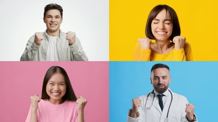 Poster - Four adults, representing different backgrounds, express joyful emotions with enthusiastic gestures. Each person celebrates a recent achievement, showcasing happiness and positivity.