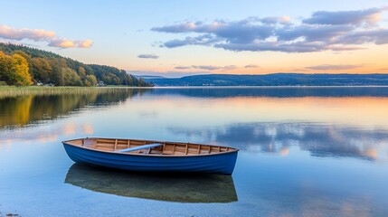  Calm lake sunset rowboat autumn landscape reflection