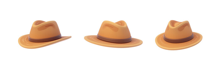 Poster - Stylish cowboy hats, three angles, light brown color, wide brims, brown bands, 3D rendering, isolated on transparent background, png