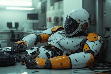 Poster - in a futuristic laboratory, a damaged white and orange robot, with a cracked visor, rests on a table