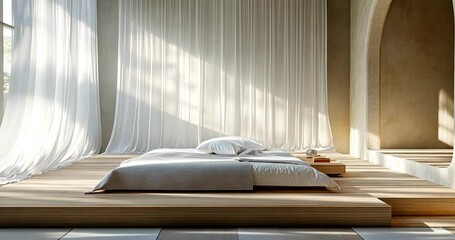 Poster - Bed in Bedroom with Wooden Floor and Curtains in Soft Light and Minimalist Design