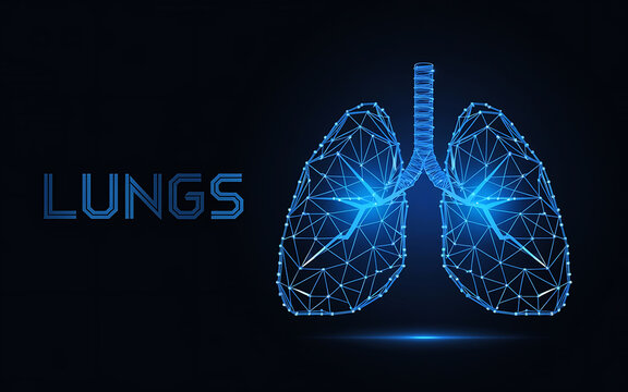Futuristic Wireframe Lungs Illustration with Glowing Blue Effect