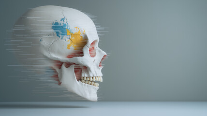 Poster - Brain on Display: A striking composition showcases a human skull in profile, with a captivating, abstract representation of the brain subtly superimposed to create a visually intriguing artwork.