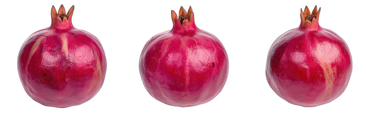 Poster - Pomegranates displayed in a row showcasing vibrant red skin and unique crown-like tops, highlighting their juicy interior and health benefits, isolated on transparent background, png