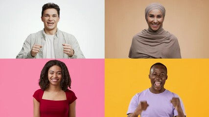 Poster - In a vibrant collage, diverse adults and children express joy and excitement through cheerful gestures, celebrating their successes and sharing emotions of happiness together.