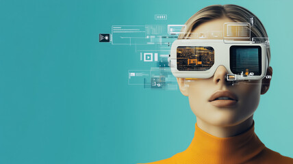 Poster - Visionary Tech: A woman embodies the future of technology, wearing futuristic glasses that seamlessly blend the physical and digital worlds, showcasing innovation.