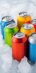 Wall Mural - A row of colorful cans of soda are sitting on a table with ice. The cans are all different colors, including green, yellow, and red. Concept of fun and excitement