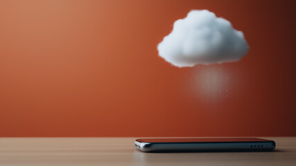 Poster - Cloud Computing: An elegant mobile phone rests on a wooden surface. A fluffy, photorealistic cloud hovers above, implying the concepts of mobile technology.