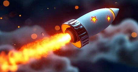 Poster - Pixelated Rocket Ascending through a Smoky Sky with Flame Trails and Star Details