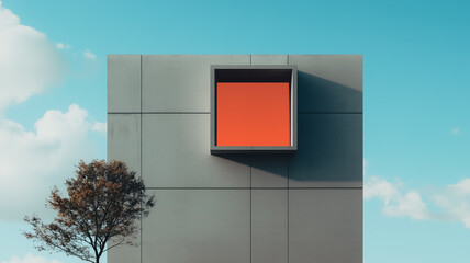 Poster - A Window to the Sky: An abstract architectural composition featuring a vibrant orange window set within a minimalist gray facade.
